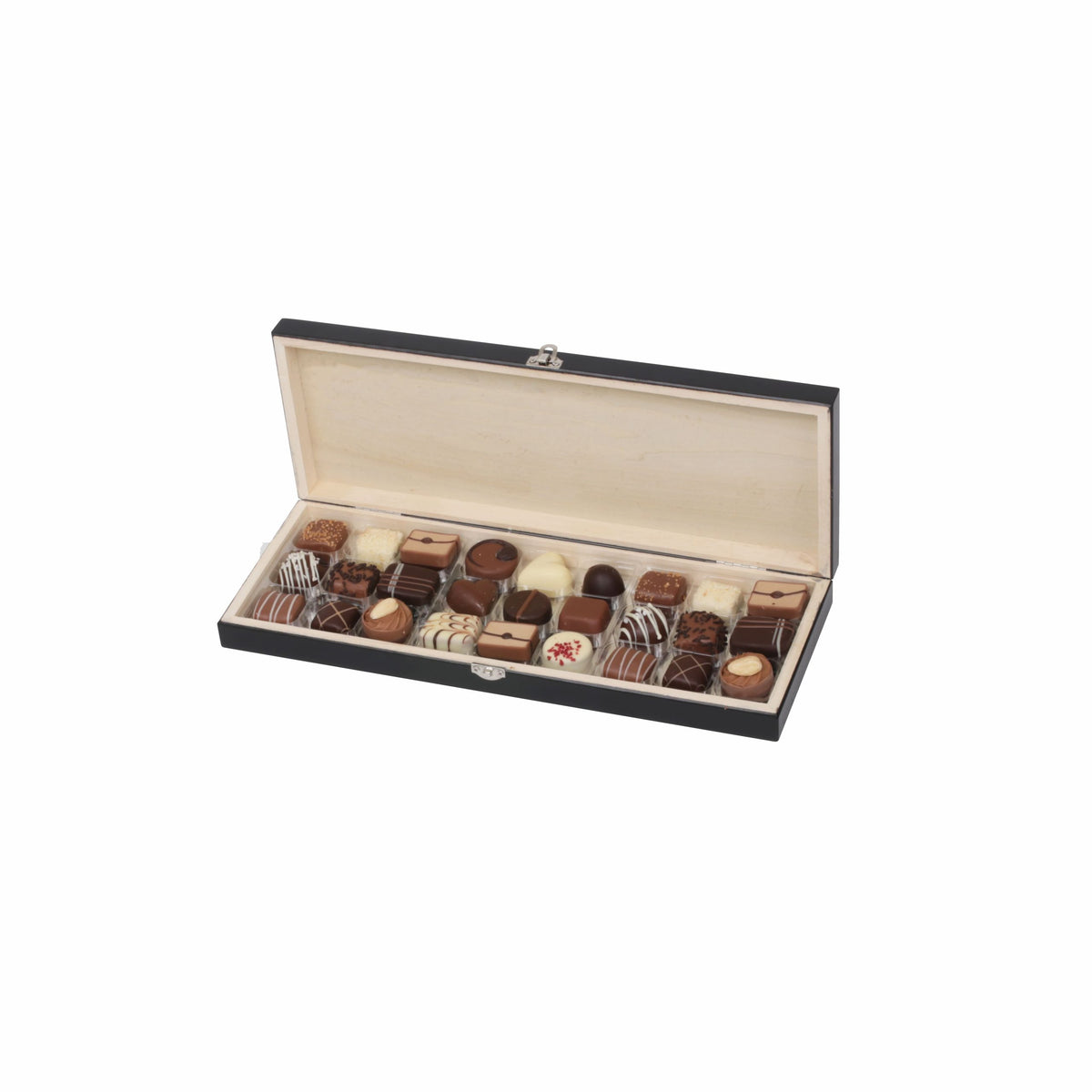 Sort flade Trææske, 27 stk. Luksus chokolade, 300 g.