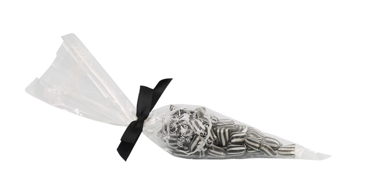 Spidspose m/sort silkesløjfe, Sort bismark bolcher, 100 g.
