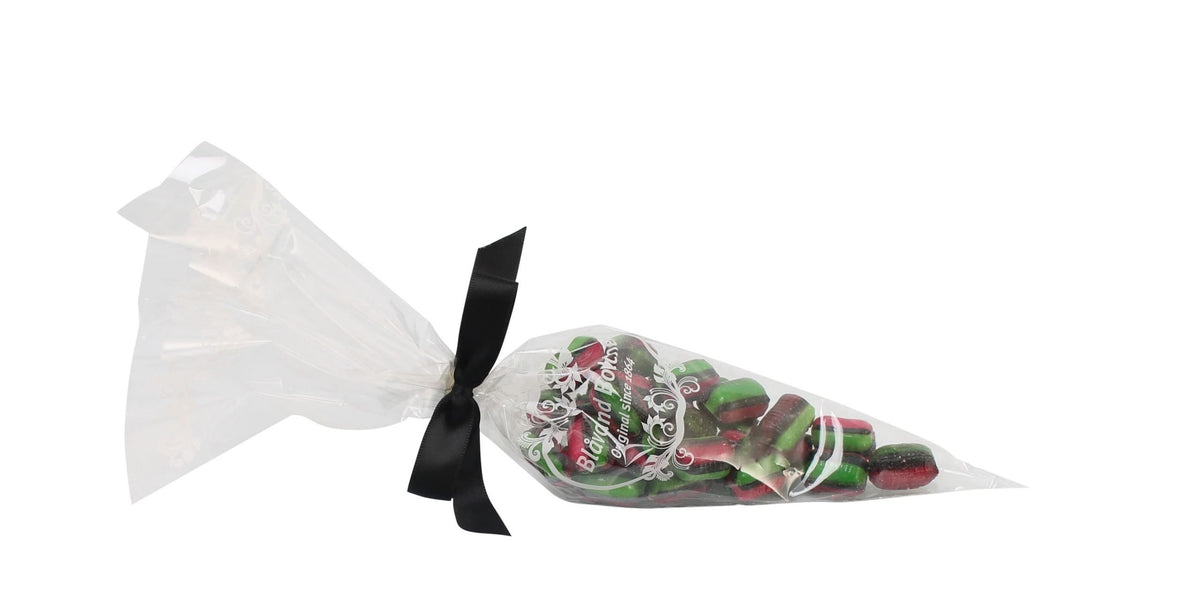 Spidspose m/sort silkesløjfe, Calypso bolcher, 100 g.