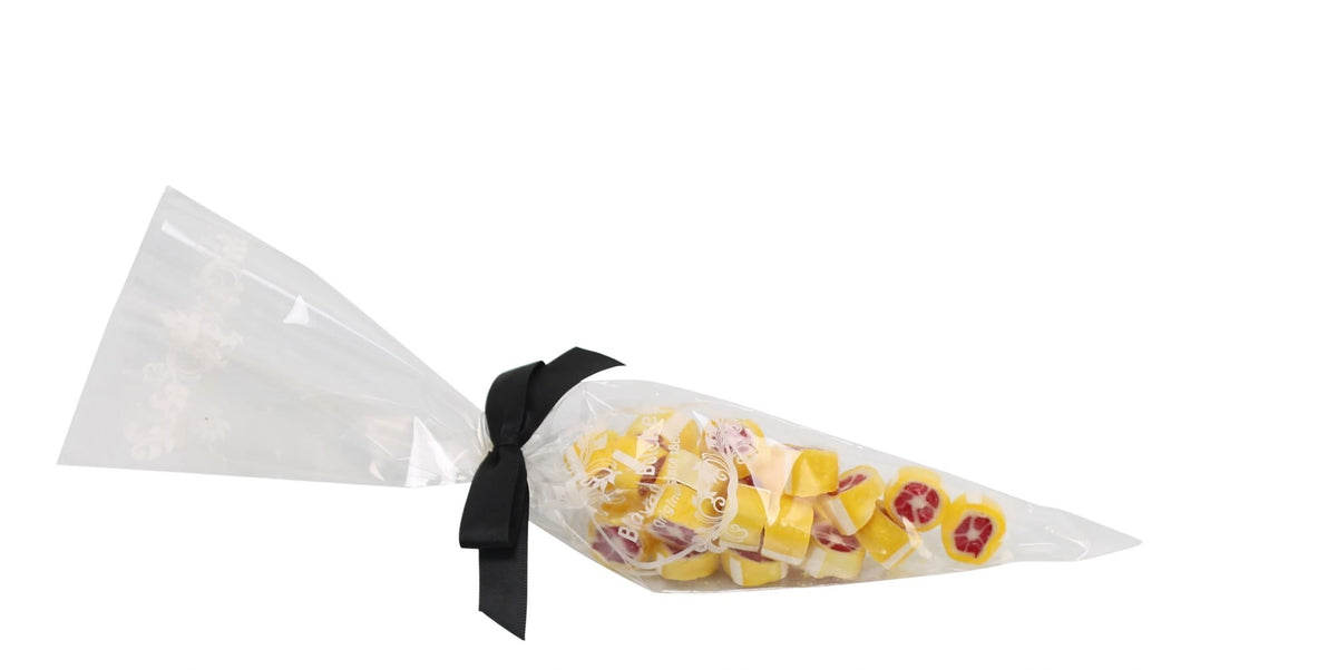 Spidspose m/sort silkesløjfe, Grape rox bolcher, 100 g.