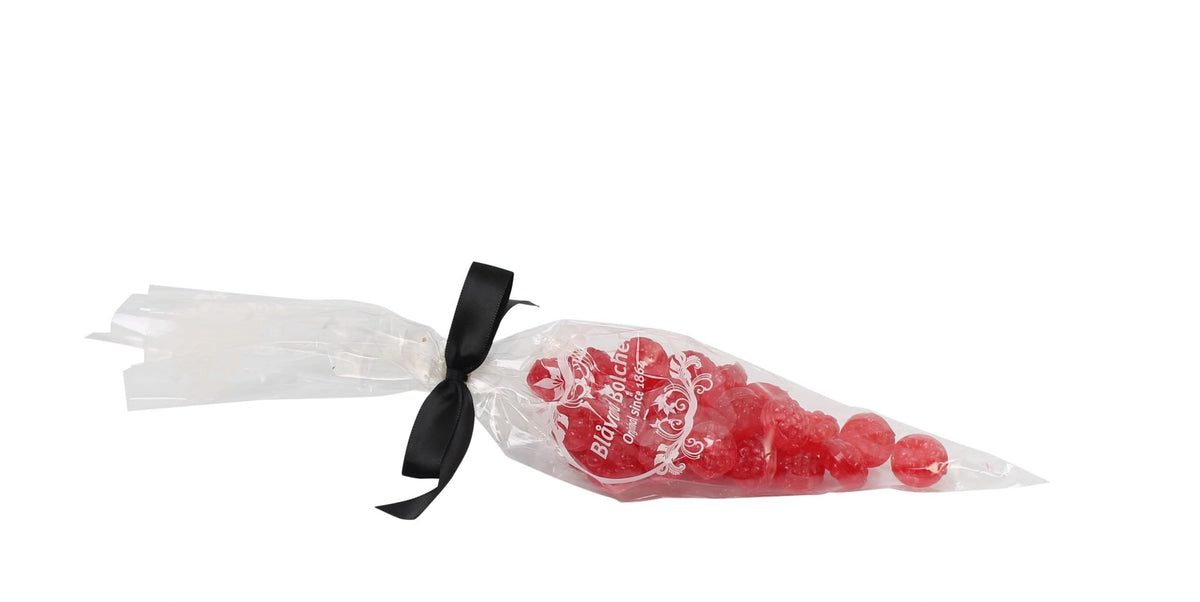 Spidspose m/sort silkesløjfe, Hindbær bolcher, 100 g.