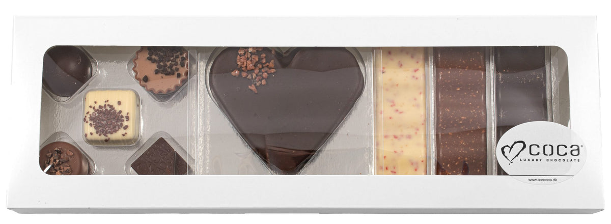 Hvid rudeæske, 5 stk. Luksus chokolade og Marcipanhjerte og 3 chokoladestænger, 170 g.