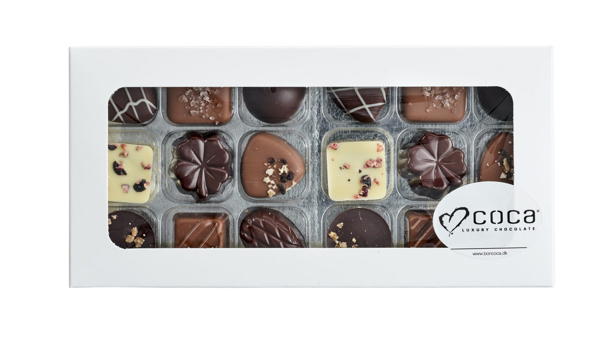 Hvid rudeæske, 18 stk. Luksus chokolade, 180 g.