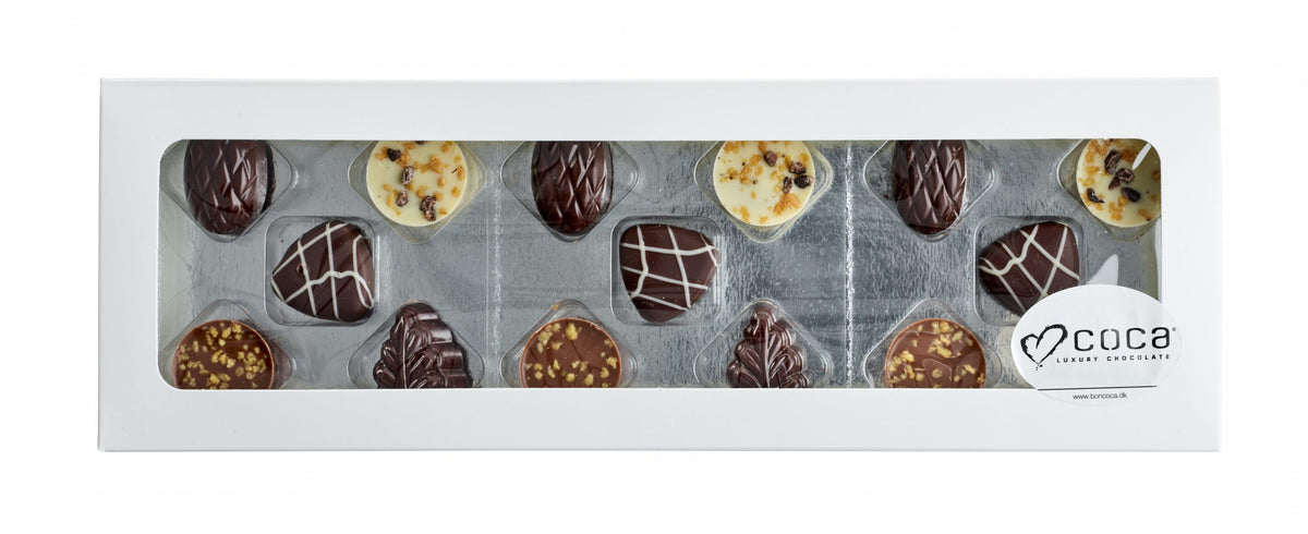 Hvid rudeæske, 15 stk. Luksus chokolade, 150 g.