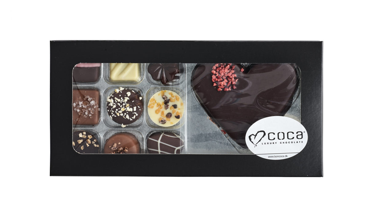 Sort rudeæske, 9 stk. Luksus chokolade og 1 stk. marcipanhjerte, 135 g.