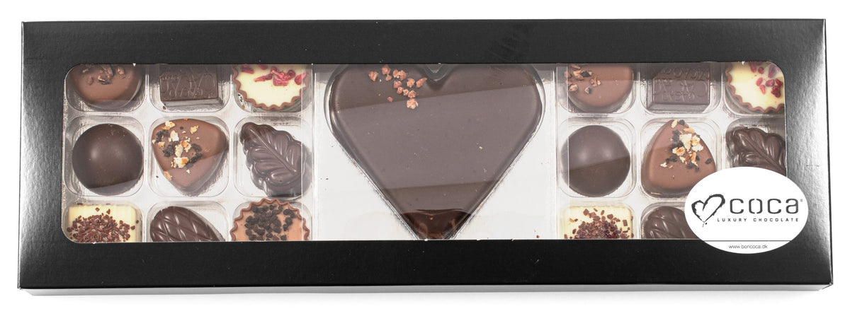 Sort rudeæske, 18 stk. Luksus chokolade og Marcipanhjerte, 225 g.
