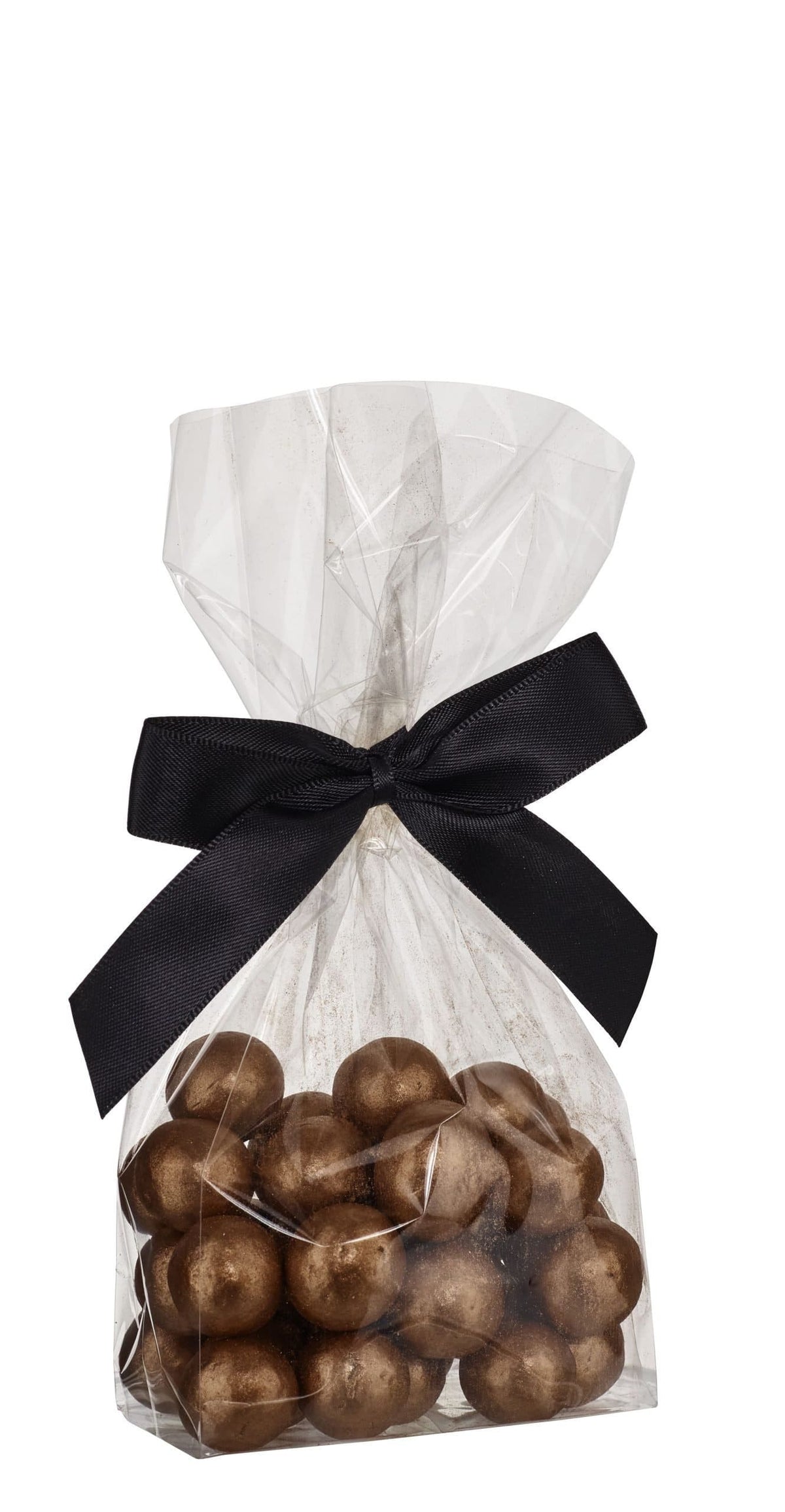 Cellofanposer m/ sort sløjfe, Lakridskugler m/salt lakrids, mælke chokolade & karamel (Bronze), 90 g