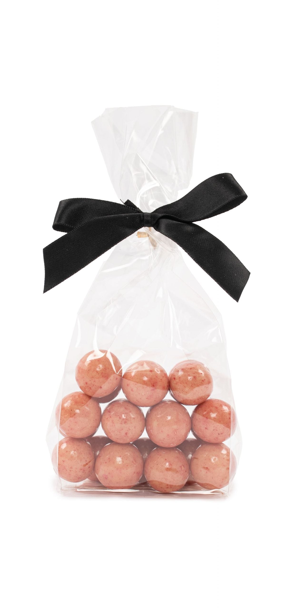 Cellofanposer m/ sort sløjfe, Lakridskugler m/sød lakrids, hvid chokolade & hindbær, 90 g.