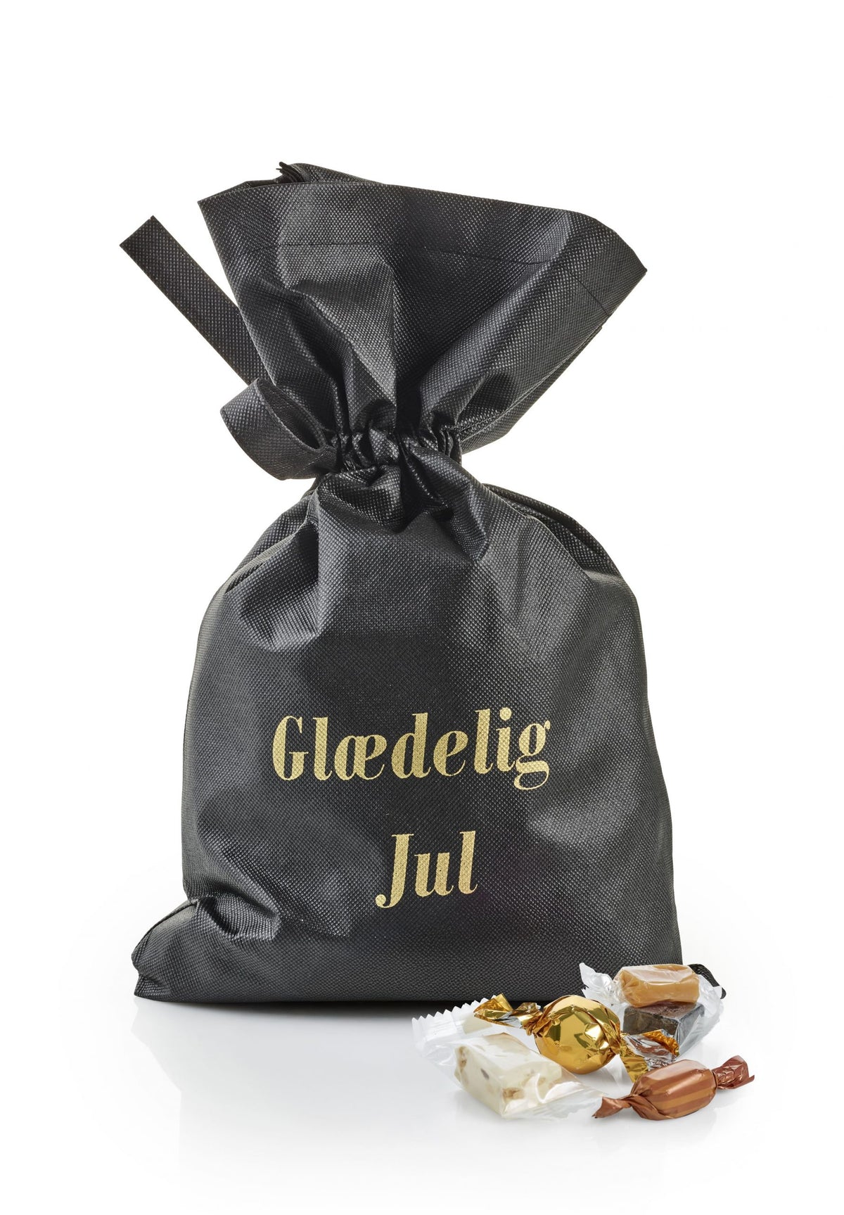 Sort stofpose m/tryk Glædelig Jul, Julemix, 1750 g.