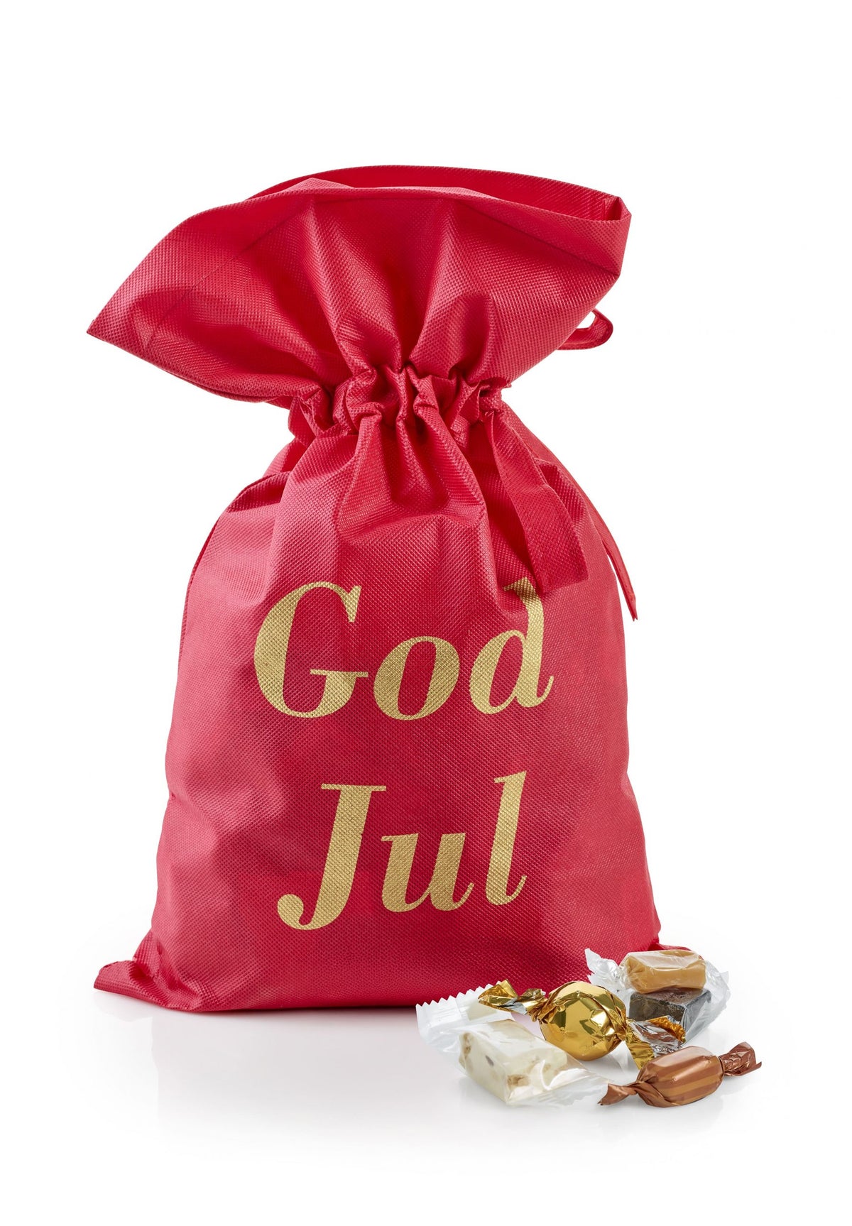 Rød stofpose m/tryk God Jul, Julemix, 1750 g.
