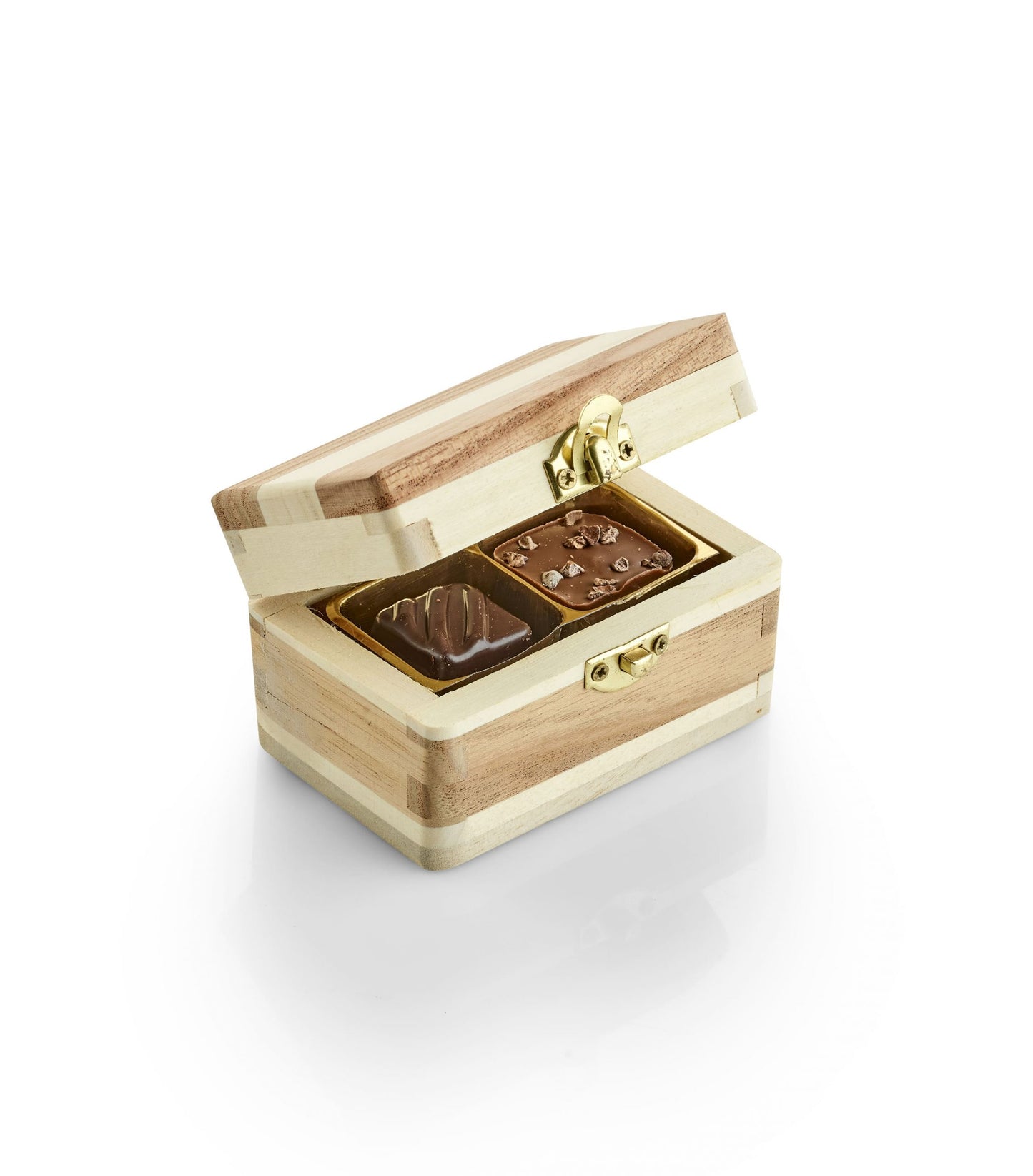 2-Farvet Trææske, 2 stk. Luksus chokolade, 20g.