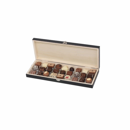 Sort flade Trææske, 27 stk. Luksus chokolade, 300 g.