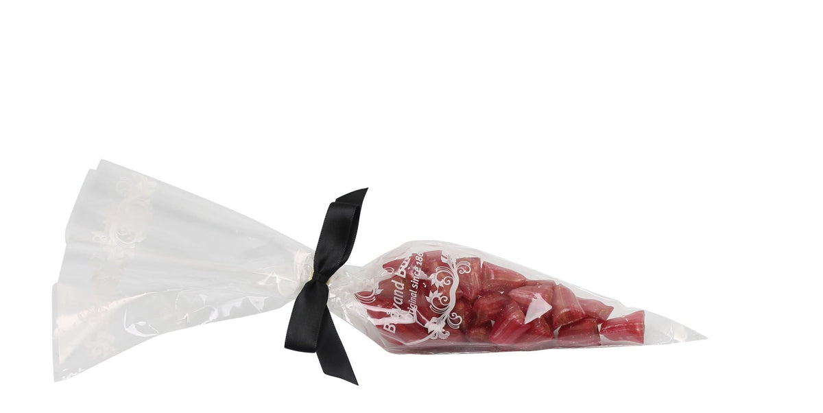 Spidspose m/sort silkesløjfe, Jordbærdrøm bolcher, 100 g.