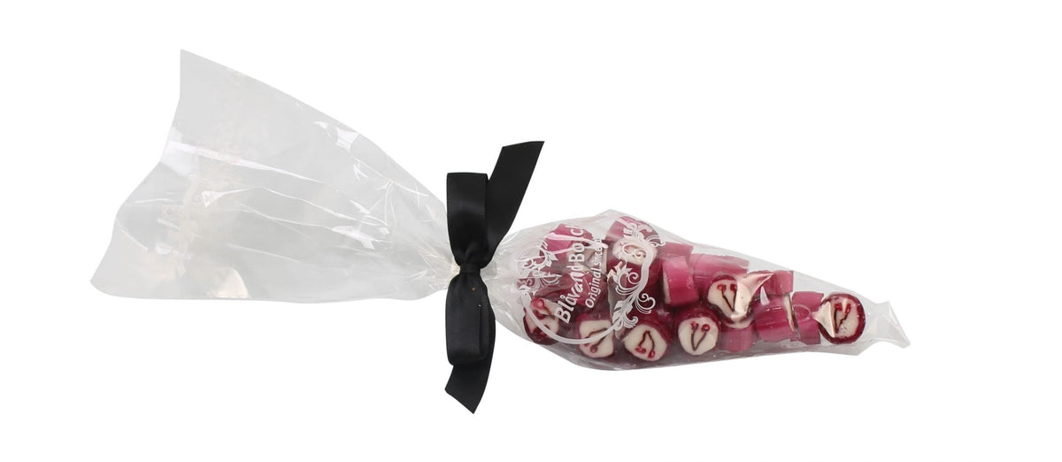 Spidspose m/sort silkesløjfe, Kirsebær rox bolcher, 100 g.