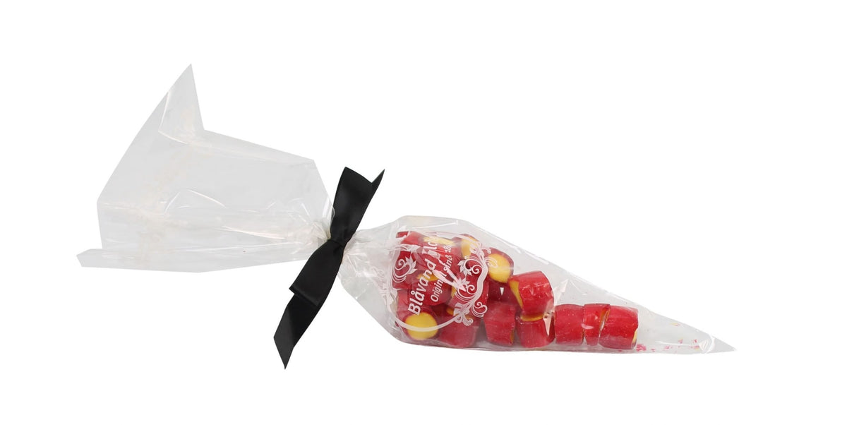 Spidspose m/sort silkesløjfe, Rabarber rox bolcher, 100 g.