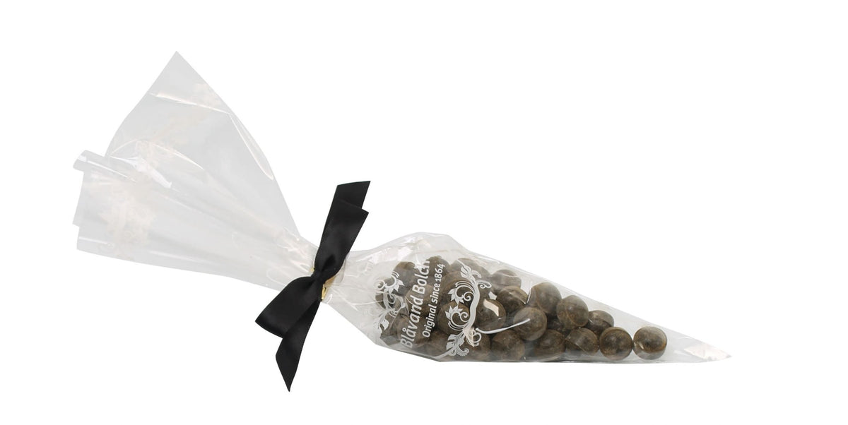 Spidspose m/sort silkesløjfe, Spejderhagl bolcher, 100 g.