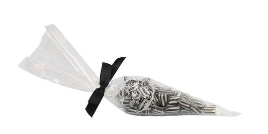 Spidspose m/sort silkesløjfe, Sort bismark bolcher, 100 g.