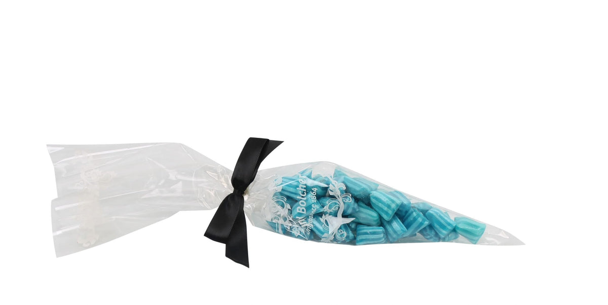 Spidspose m/sort silkesløjfe, Blå ugler bolcher, 100 g.
