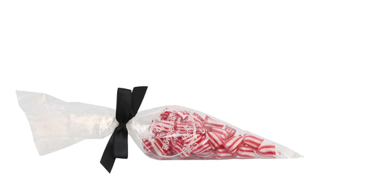 Spidspose m/sort silkesløjfe, Rød bismark bolcher, 100 g.