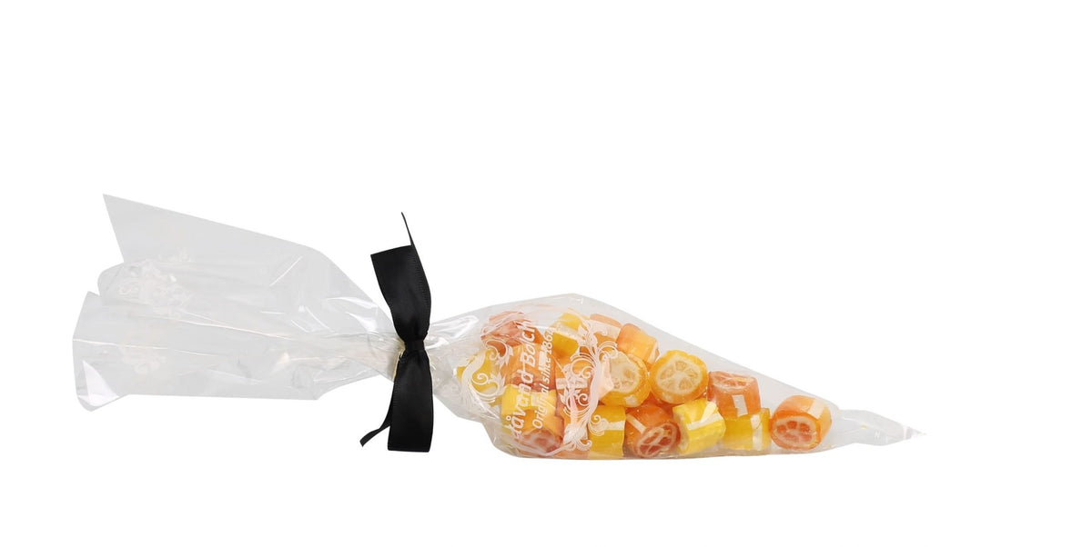 Spidspose m/sort silkesløjfe, Citron & appelsin rox bolcher, 100 g.