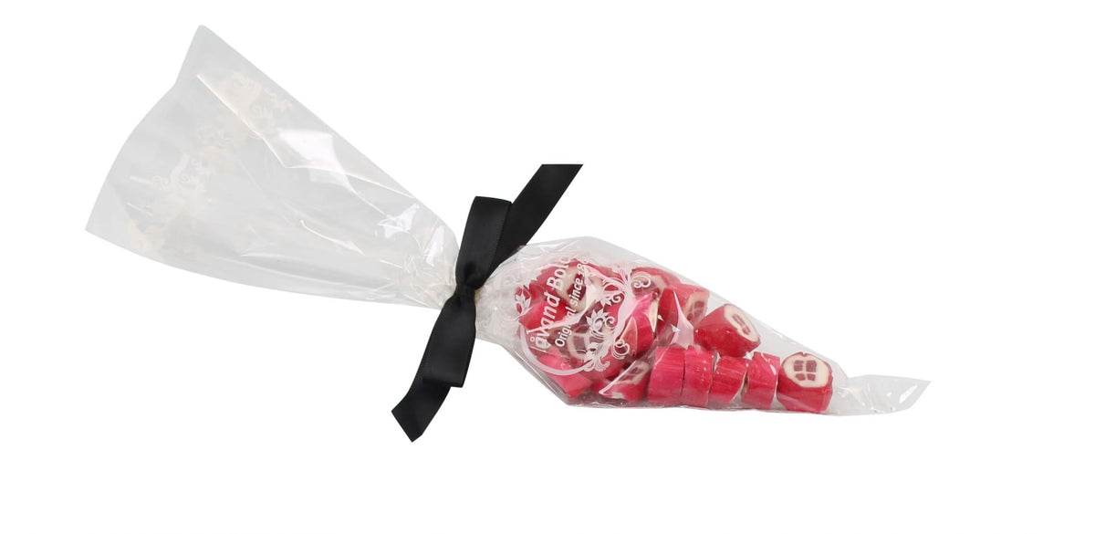 Spidspose m/sort silkesløjfe, Dannebrog rox bolcher, 100 g.