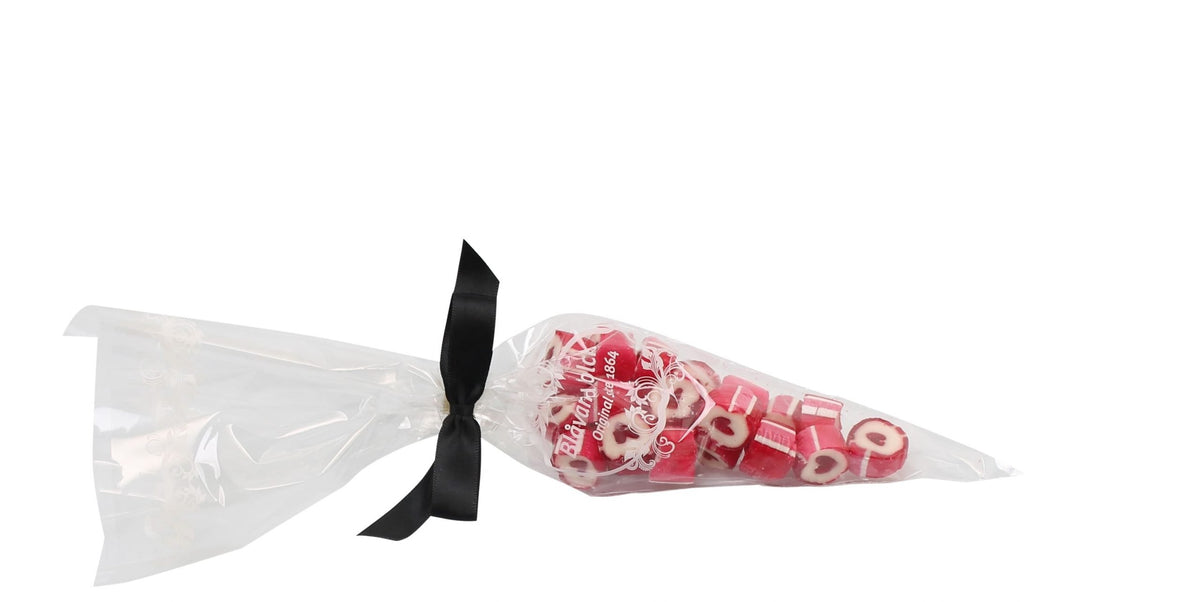 Spidspose m/sort silkesløjfe, Hjerte rox bolcher, 100 g.