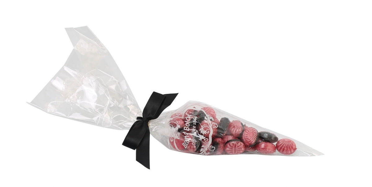 Spidspose m/sort silkesløjfe, Hindbær & lakrids bolcher, 100 g.