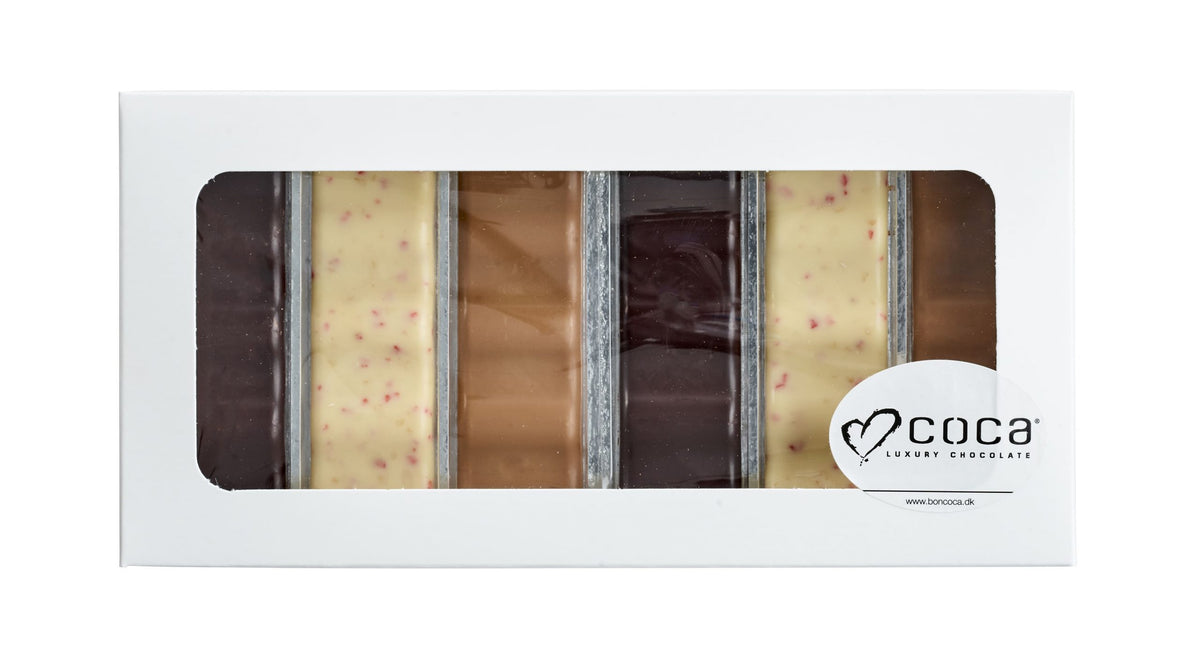 Hvid rudeæske, 6 stk. Chokoladestænger, 150 g.