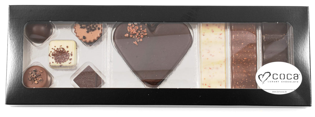 Sort rudeæske, 5 stk. Luksus chokolade og Marcipanhjerte og 3 chokoladestænger, 170 g.