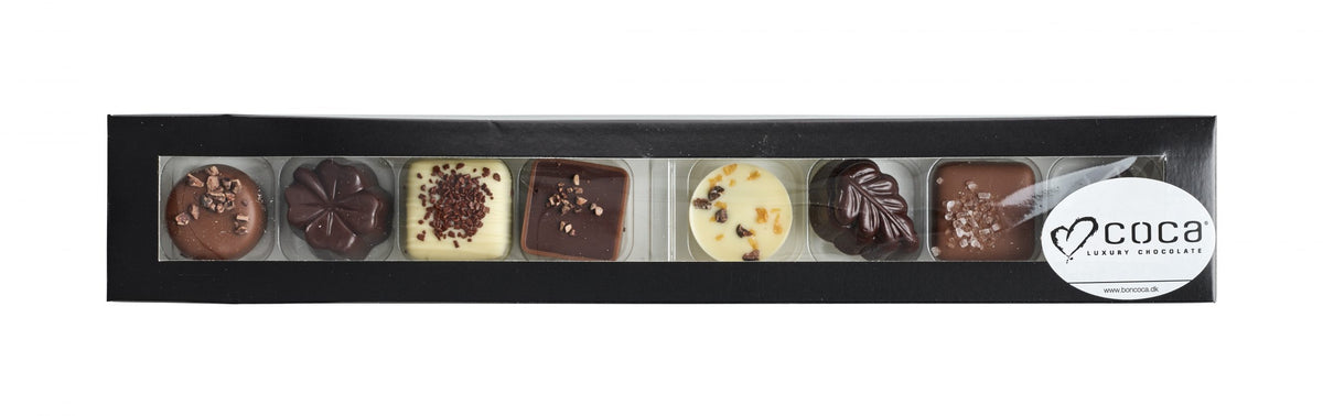 Sort aflang rudeæske, 8 stk. Dansk luksus chokolade, 80 g.