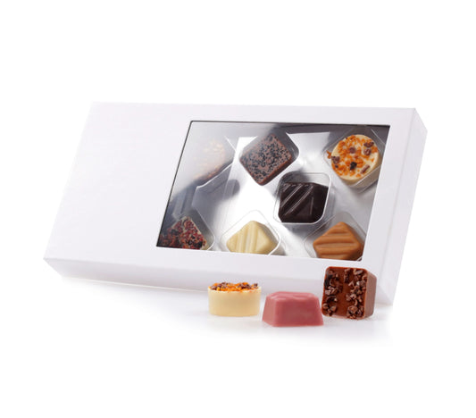 Hvid rudeæske jarnes, 10 stk. Dansk luksus chokolade, 100 g.