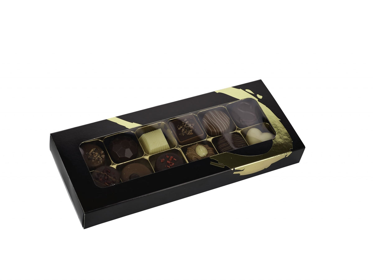 Silverheart rudeæske guld/sort, 12 stk. Luksus chokolade, 170 g.