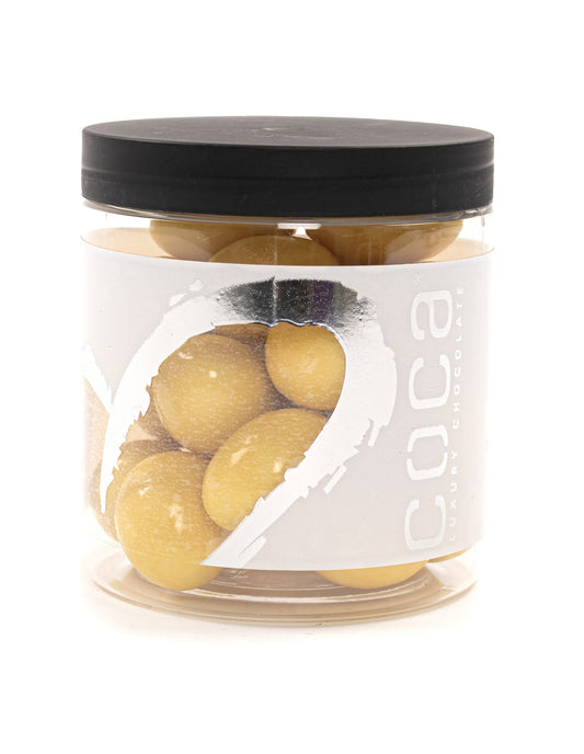 Silverheart dåse sølv/hvid, Mandler m/ hvid chokolade & passion (Gule mandler), 150 g.
