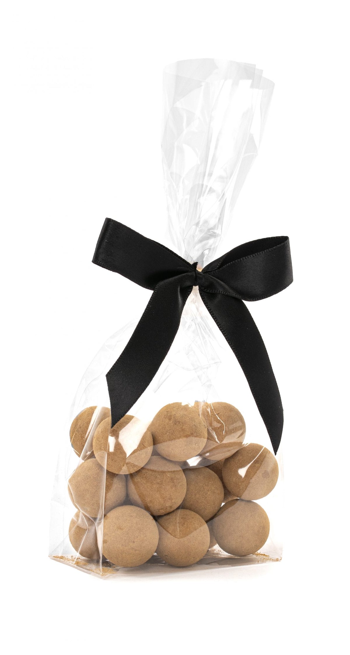 Cellofanposer m/ sort sløjfe, Lakridskugler chokolade & lakridspulver, 90 g.