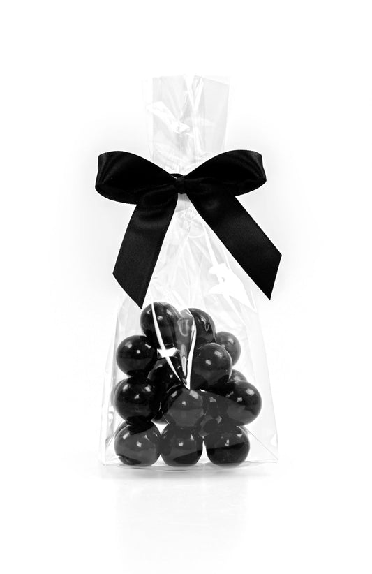 Cellofanposer m/ sort sløjfe, Lakridskugler m/toffee chokolade - sort 90, g.