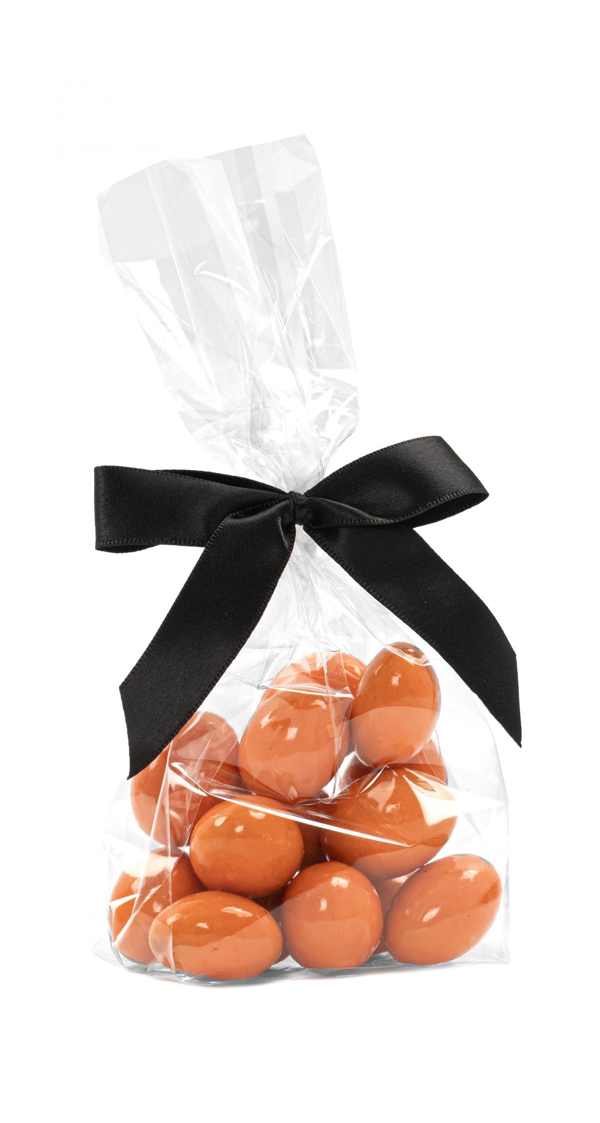 Cellofanposer m/ sort sløjfe, Mandler m/appelsin chokolade, 90 g.