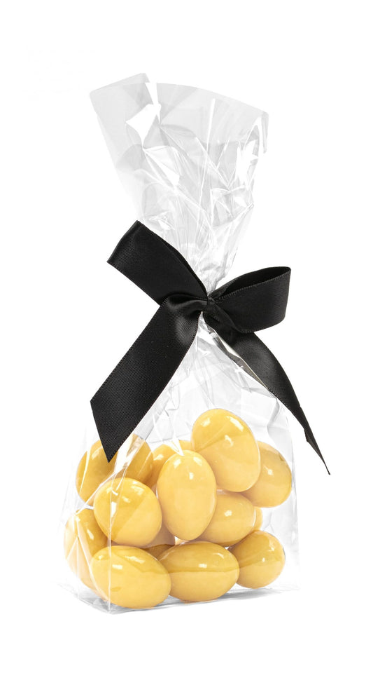 Cellofanposer m/ sort sløjfe, Mandler m/passion chokolade, 90 g.