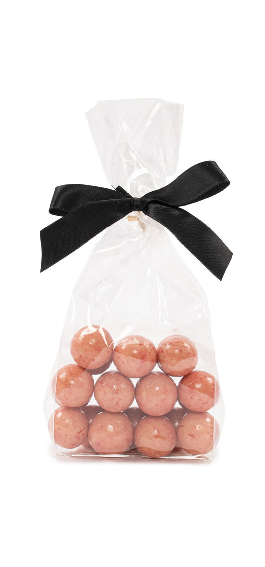 Cellofanposer m/ sort sløjfe, Lakridskugler m/sød lakrids, hvid chokolade & hindbær, 90 g.