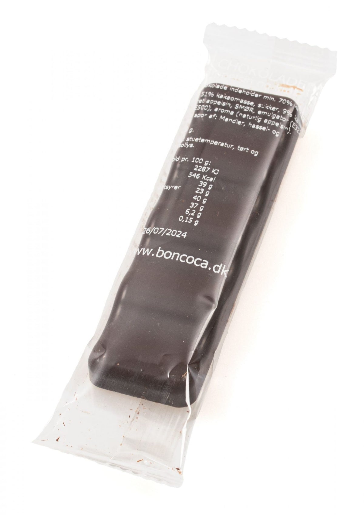 Flowpakket chokoladestang, m/ Mørk chokolade, appelsin og krokant, 25 g.