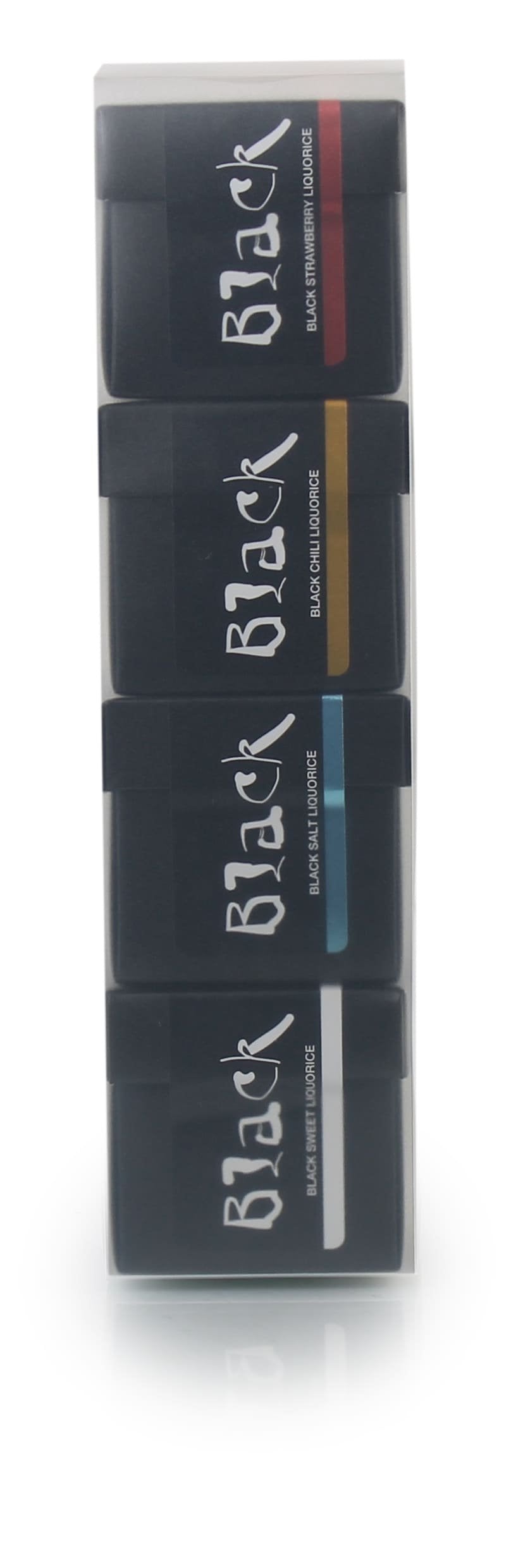 Black Liquorice Sampak, 4 stk. box m/ sød-, salt-, chili- og jordbær lakrids, 360 g.