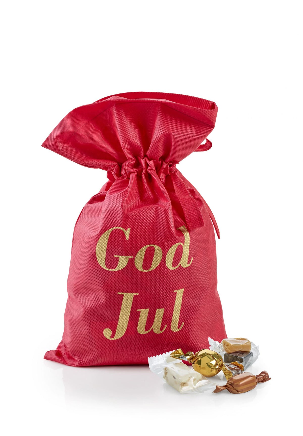 Rød stofpose m/tryk God Jul, Julemix, 1000 g.