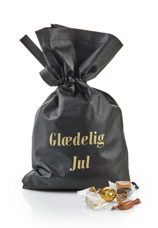 Sort stofpose m/tryk Glædelig Jul, Julemix, 2900 g.