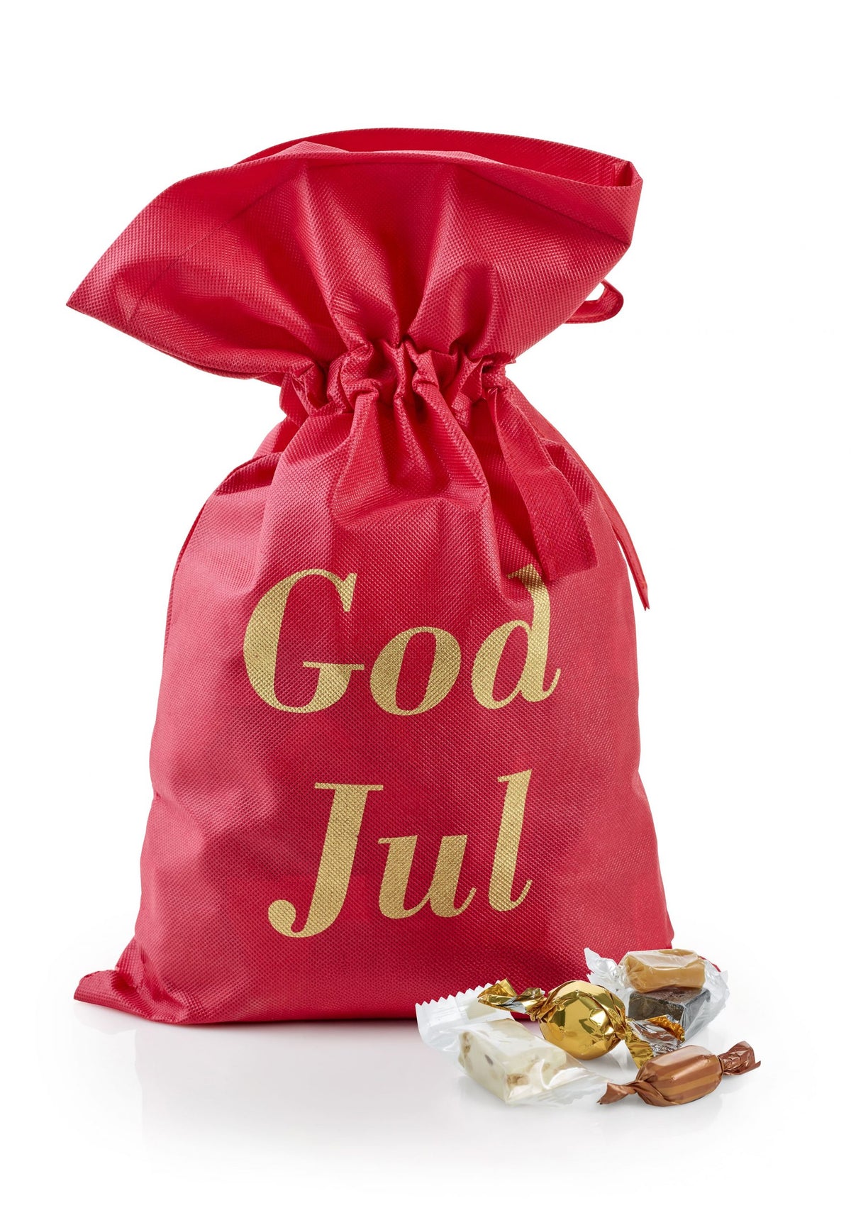 Rød stofpose m/tryk God Jul, Julemix, 2900 g.