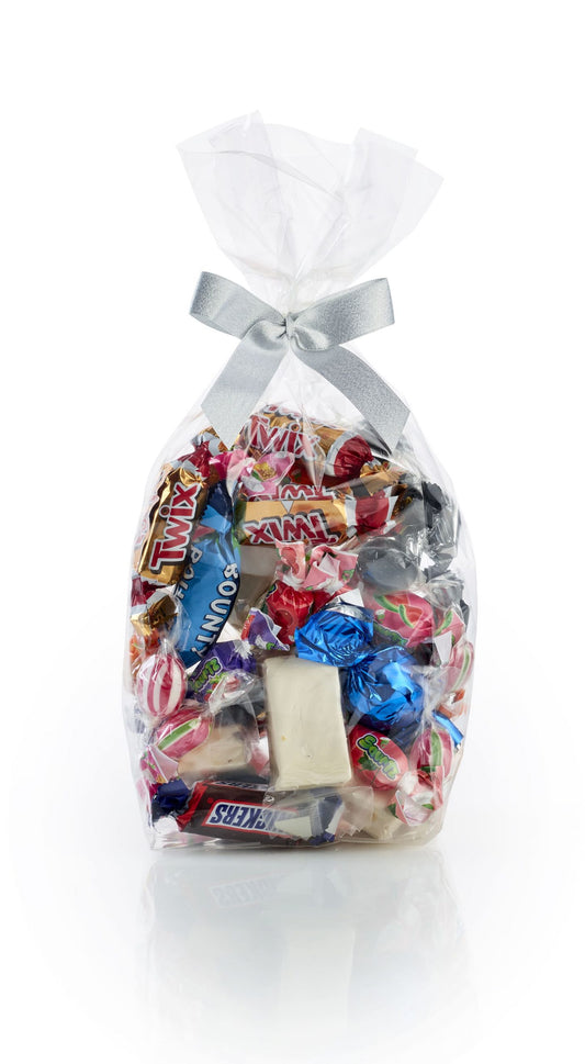 Cellofanposer m/sølv sløjfe - 325 gr. Chokolade, karameller, bolcher & Fransk nougat