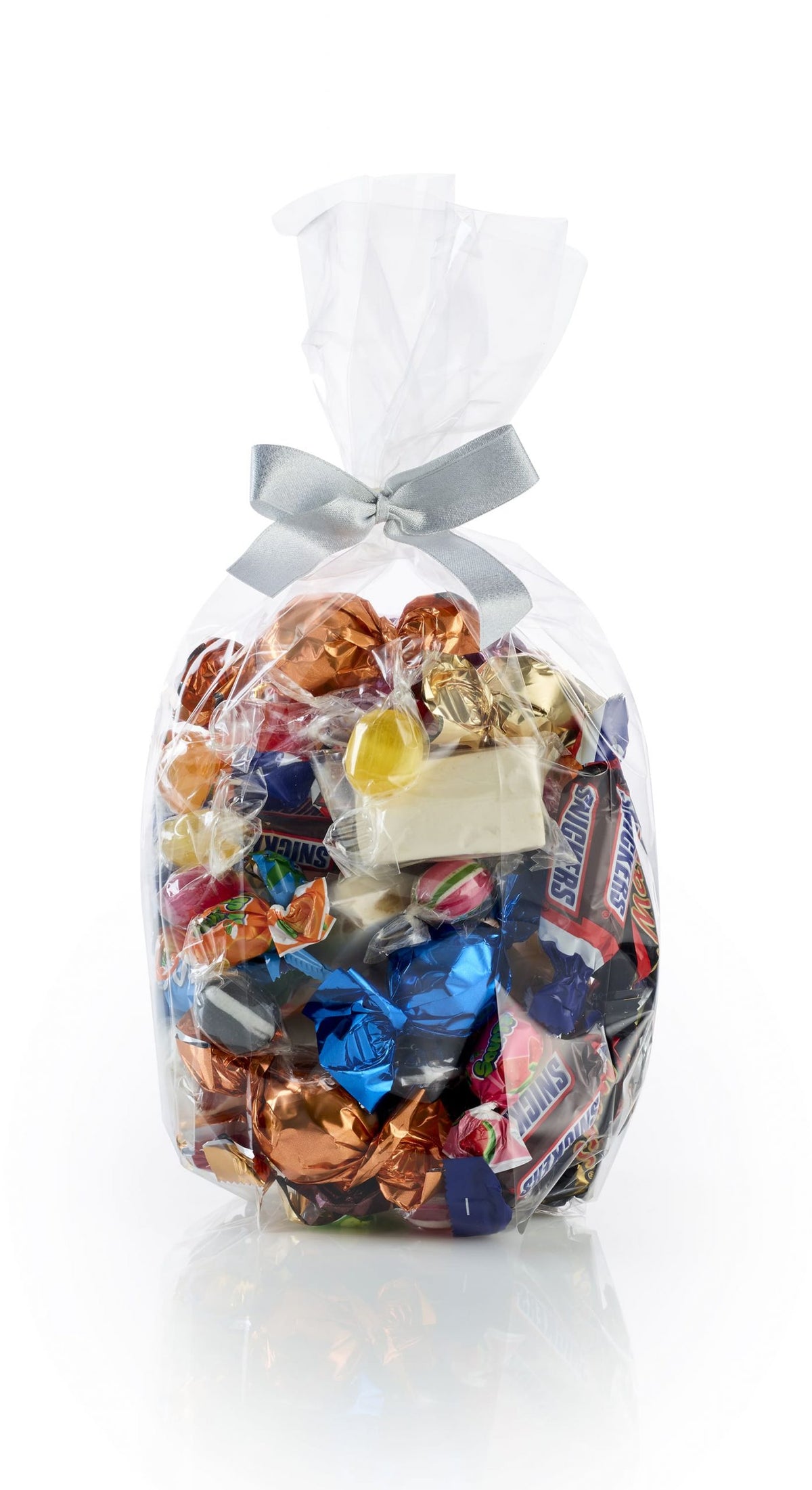 Cellofanposer m/sølv sløjfe - 525 gr. Chokolade, karameller, bolcher & Fransk nougat
