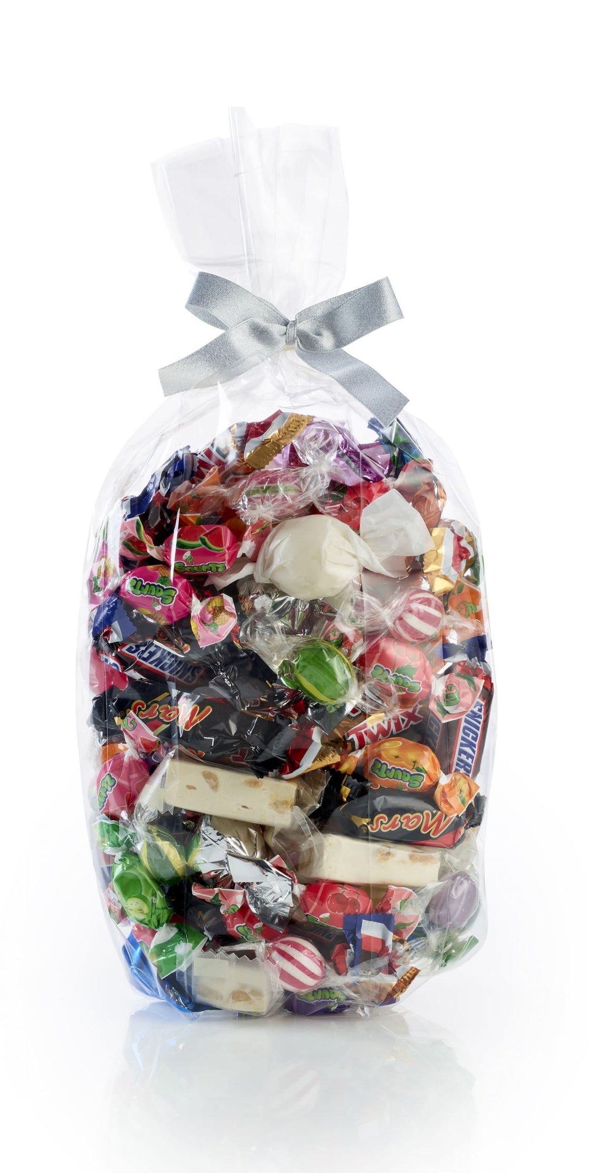 Cellofanposer m/sølv sløjfe - 725 gr. Chokolade, karameller, bolcher & Fransk nougat