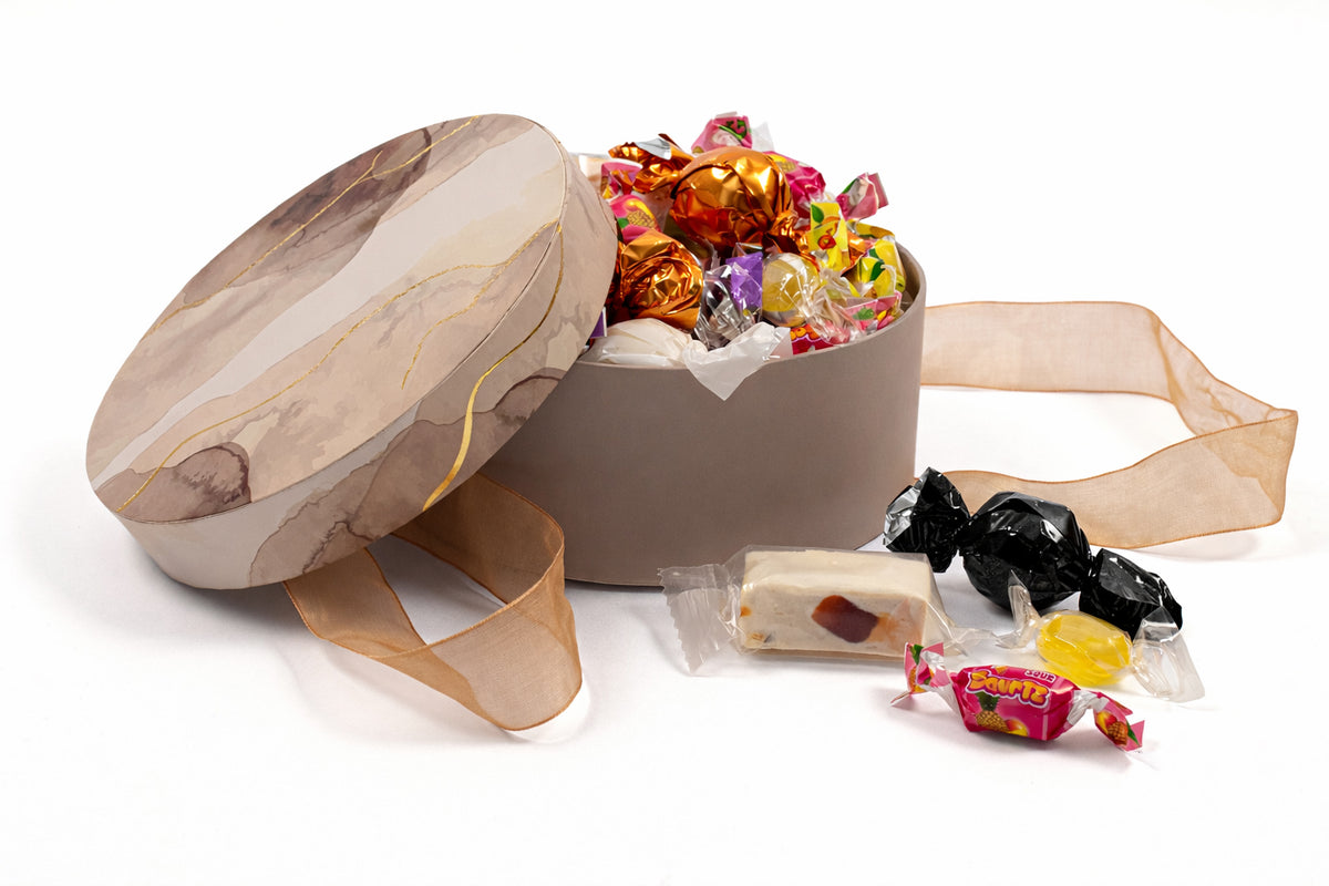 Rund Hatteæske Brun Marmor, Sommermix, 300 g.