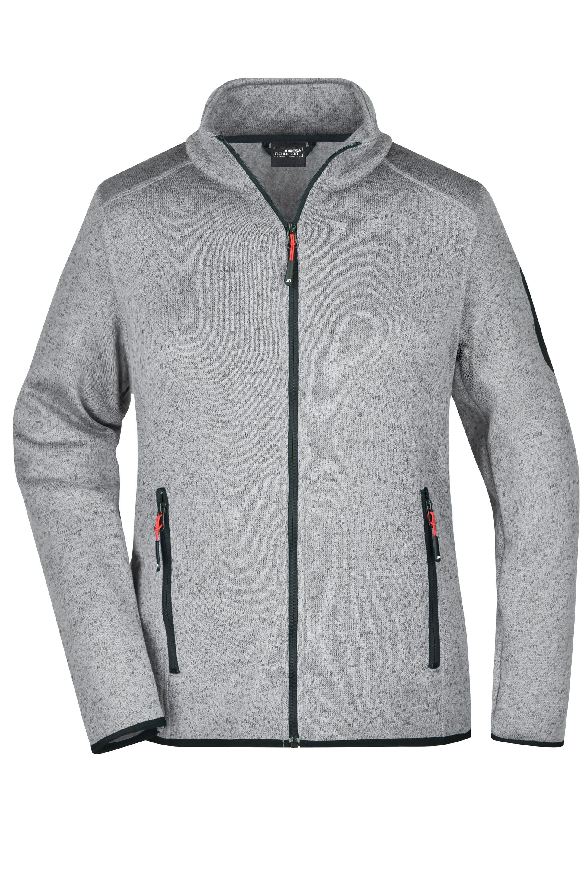 Ladies Knitted Fleece Jacket - Light Grey Melange/Red