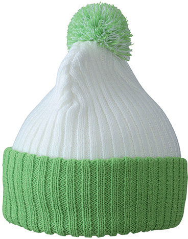 Knitted Cap with pompom - White/Lime Green