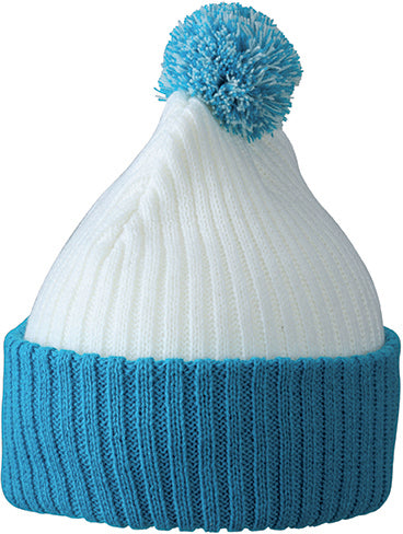 Knitted Cap with pompom - White/Aqua